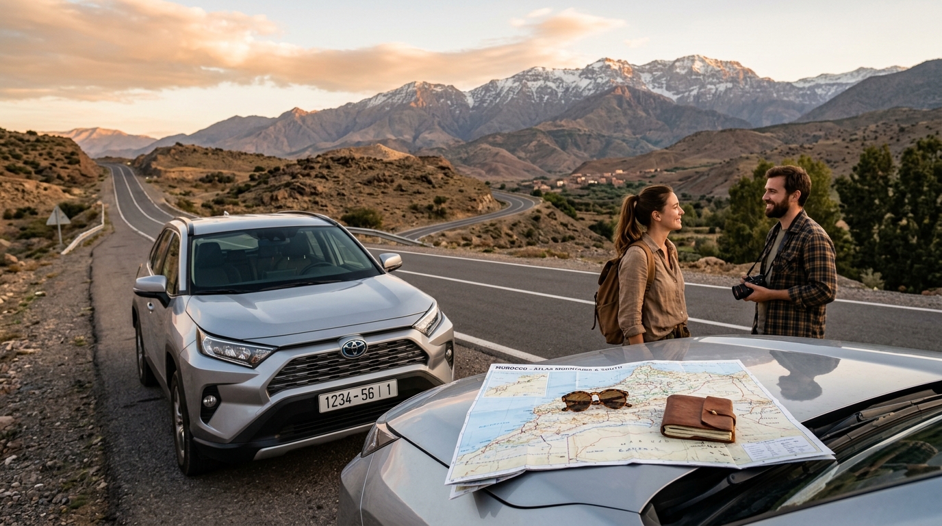Traveler consulting a road map next to a modern rental car overlooking the Moroccan Atlas mountains
