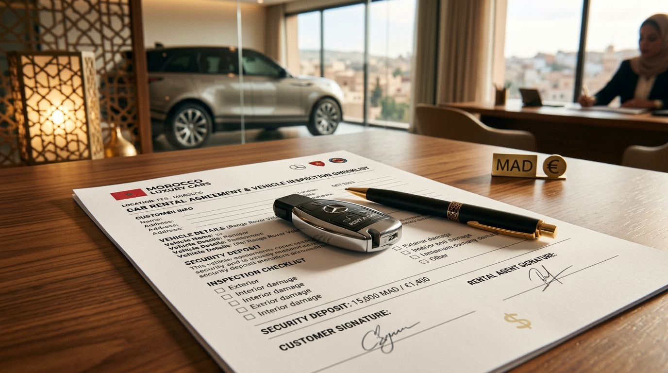 Car rental key placed securely on a reception desk in front of an agreement document in Morocco