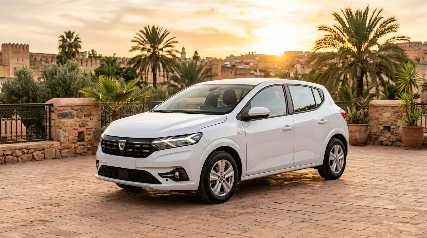 Dacia Sandero blanche garée devant un riad moderne à Fès