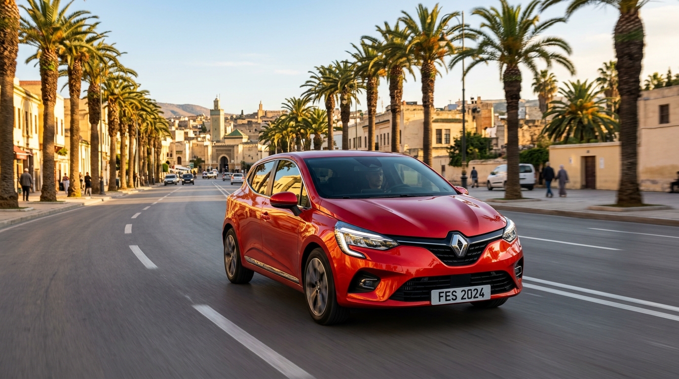 Renault Clio 5 rouge circulant sur un boulevard moderne de Fès au Maroc
